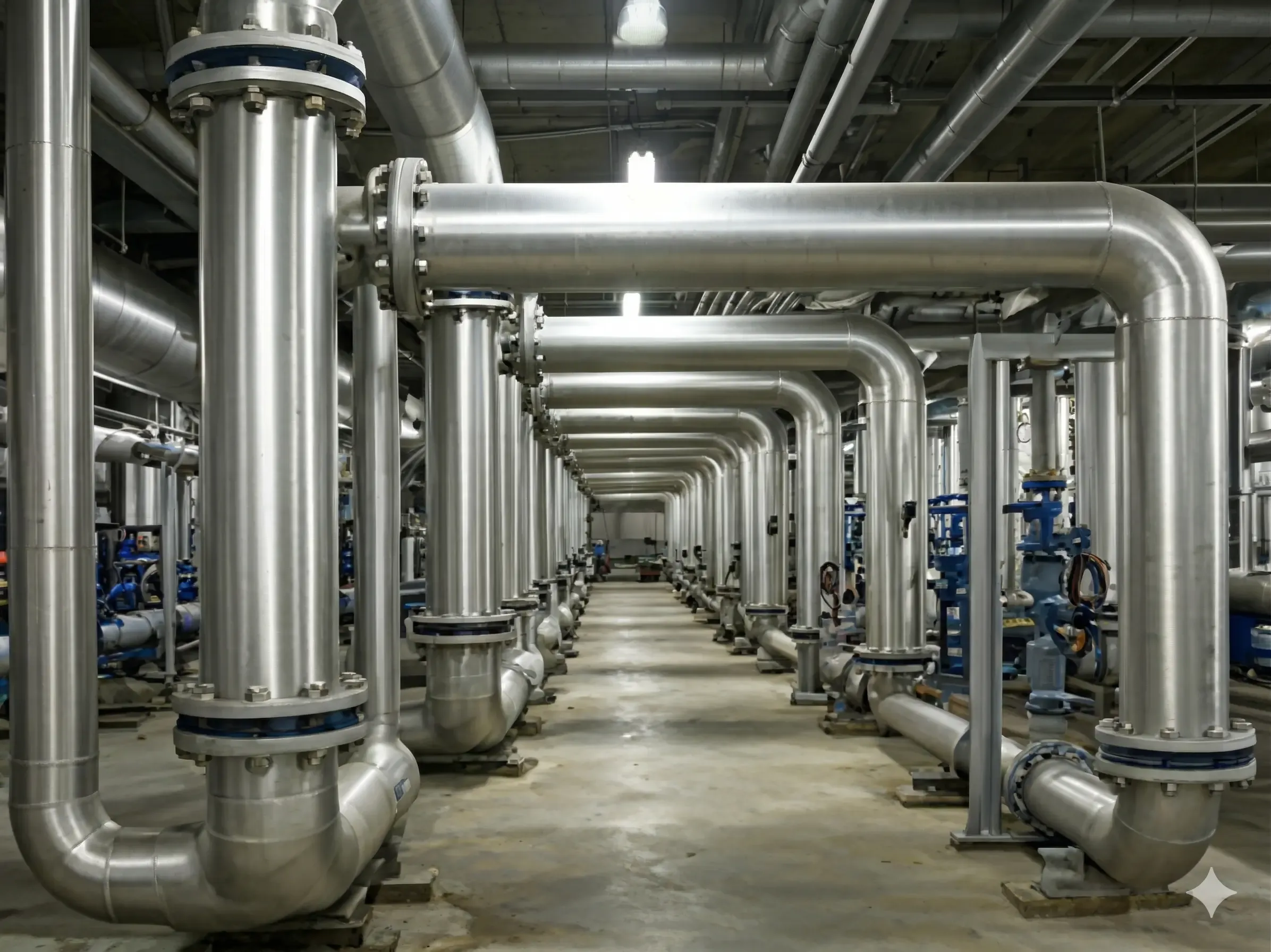 High-angle view of a complex network of stainless steel industrial piping and machinery inside a clean, modern factory.