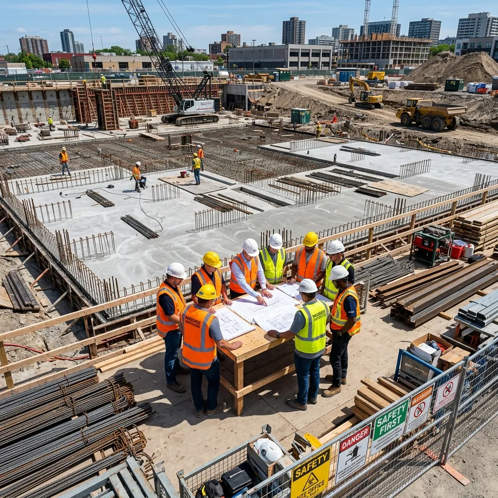 Overhead view of engineers mapping plans over concrete construction foundation